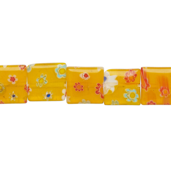 Bead, millefiori glass, translucent golden yellow / white /red / light blue, 10mm puffed square with flower design. Sold per 14-inch strand. image number 0