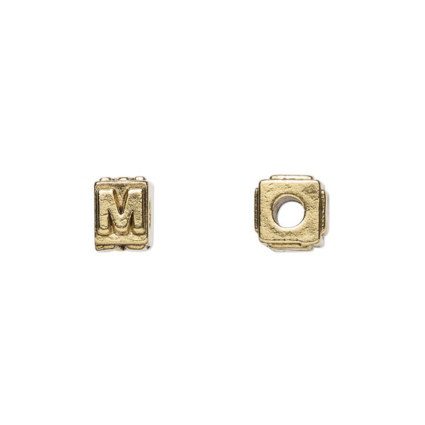 Bead, antique gold-plated pewter (tin-based alloy), 8x6mm rectangle with alphabet letter "M." Sold per pkg of 4. image number 0