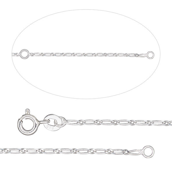 Chain, sterling silver, 1.3mm figaro, adjustable at 16 and 18 inches with springring clasp, Sold individually. image number 0