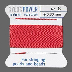 Thread, Griffin, nylon, red, size #8. Sold per 2-meter card (approximately 78 inches).