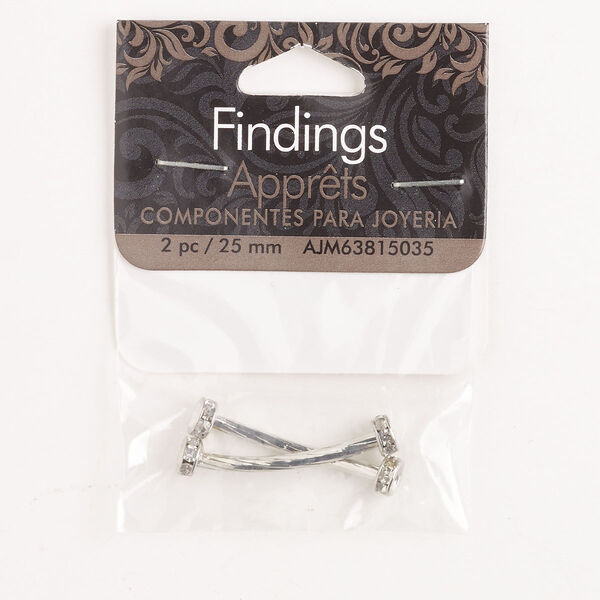 Bead, brass / stainless steel / glass, pkg/2, silver finish and clear, 27x5mm curved bar. image number 0