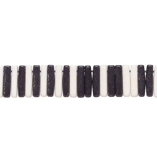 Bead, porcelain, opaque shiny black and white, 9x2mm stick. Sold per 8-inch strand, approximately 100 to 120 beads. image number 0