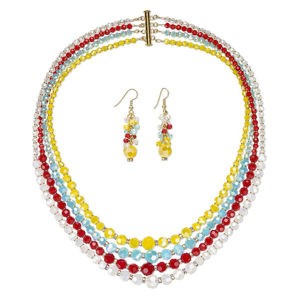 Necklace and earring set, One of a Kind Jewelry, gold-plated brass and glass, multicolored, 18 inches. Only one available. image number 0