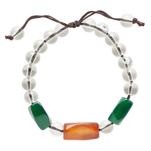 Red agate / green agate / glass / waxed cotton 1pkg1, faceted square tube bracelet adjustable 5-7.5 inch 10mm