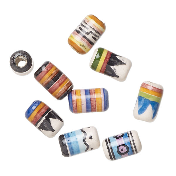 Bead mix, glazed ceramic, mixed colors, 9x5mm-11x6mm tube with painted geometric design. Sold per pkg of 10. image number 0