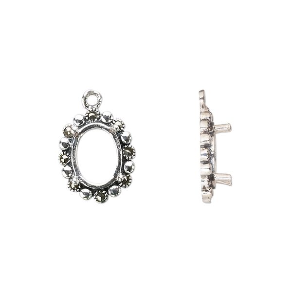 Drop, marcasite (natural) and sterling silver, 14x12mm oval with 10x8mm 4-prong oval setting. Sold individually. image number 0
