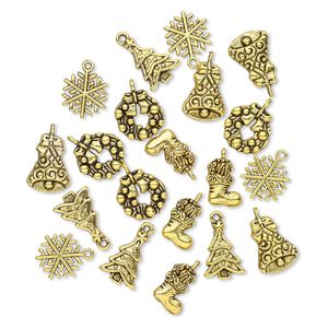 Charm, antique gold-finished "pewter" (zinc-based alloy), 16x13mm-20x15mm single- and double-sided assorted Christmas theme. Sold per pkg of 20.