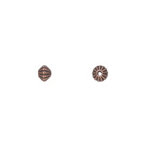 Bead, antique copper-plated "pewter" (zinc-based alloy), 5x3mm-5x4mm double-sided corrugated double cone. Sold per pkg of 100.