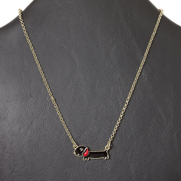 Necklace, gold-finished "pewter" (zinc-based alloy) and enamel, black and red, 29x13mm Daschund, 15" to 16" necklace with lobster claw clasp and 3-inch extender chain. Sold individually. image number 0