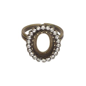 Ring, JBB Findings and crystals, antique brass-plated brass, crystal clear, 20mm wide with 14x10mm oval bezel setting, adjustable from size 7.5-11. Sold individually.