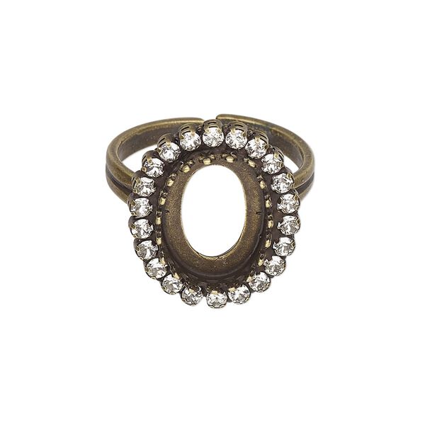 Ring, JBB Findings and crystals, antique brass-plated brass, crystal clear, 20mm wide with 14x10mm oval bezel setting, adjustable from size 7.5-11. Sold individually. image number 0