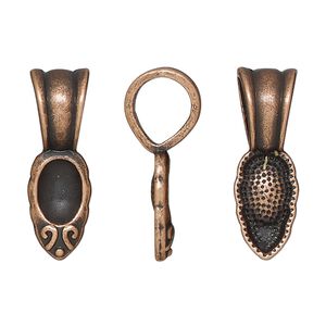 Bail, glue-on, antique copper-finished "pewter" (zinc-based alloy), 25.5x8.5mm leaf with 15x8.5mm pad. Sold per pkg of 10.