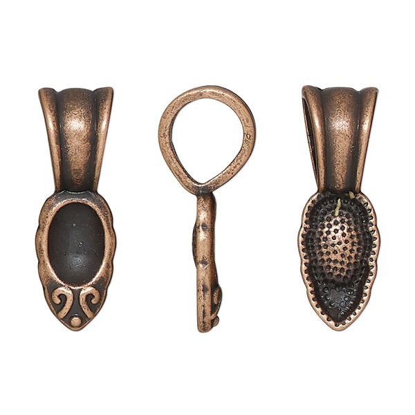 Bail, glue-on, antique copper-finished "pewter" (zinc-based alloy), 25.5x8.5mm leaf with 15x8.5mm pad. Sold per pkg of 10. image number 0