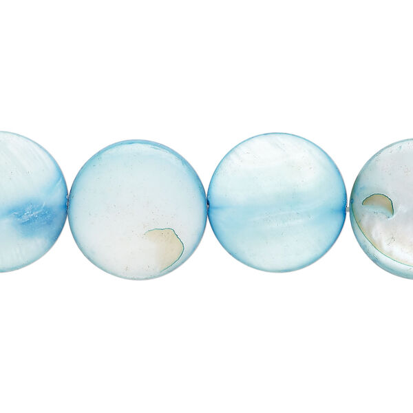 Mother-of-pearl shell 1pkg1, puffed flat round bead 15 inch light blue 14-15mm image number 0