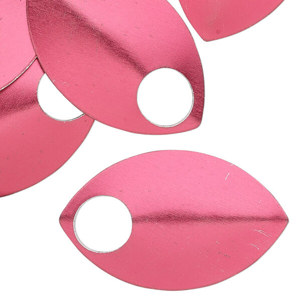 Component, anodized aluminum, red, 36x22mm 2-sided curved scale blank with 8mm hole, 20 gauge. Sold per pkg of 20. image number 0
