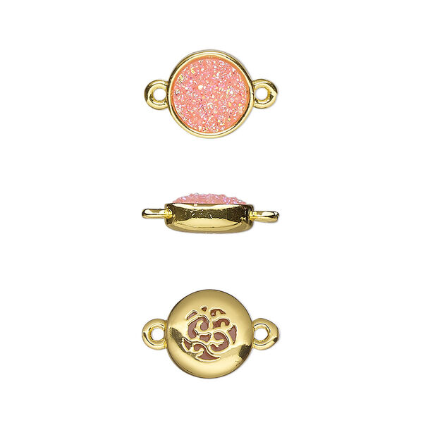 Link, Druzylite™, "druzy" (resin) and gold-finished brass, pink, 9.5mm two-sided round with open filigree back. Sold per pkg of 4. image number 0