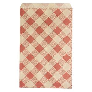 Bag, paper, brown and red, 9x6 inch rectangle with plaid-print and scalloped top edge. Sold per pkg of 100.