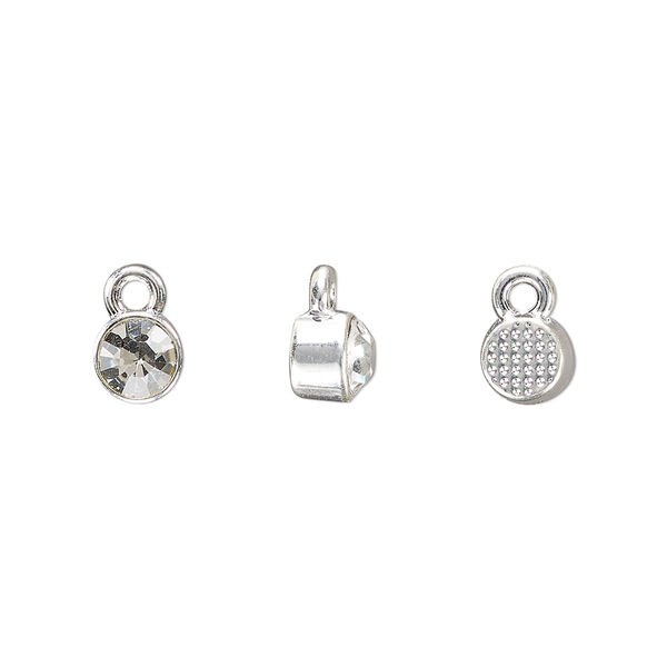 Drop, silver-finished "pewter" (zinc-based alloy) and glass rhinestone, clear, 6mm faceted round, April birthstone. Sold per pkg of 10. image number 0