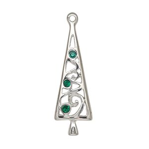 Charm, enamel / crystals / silver-plated "pewter" (zinc-based alloy), green, 34x11mm single-sided Christmas tree. Sold individually.
