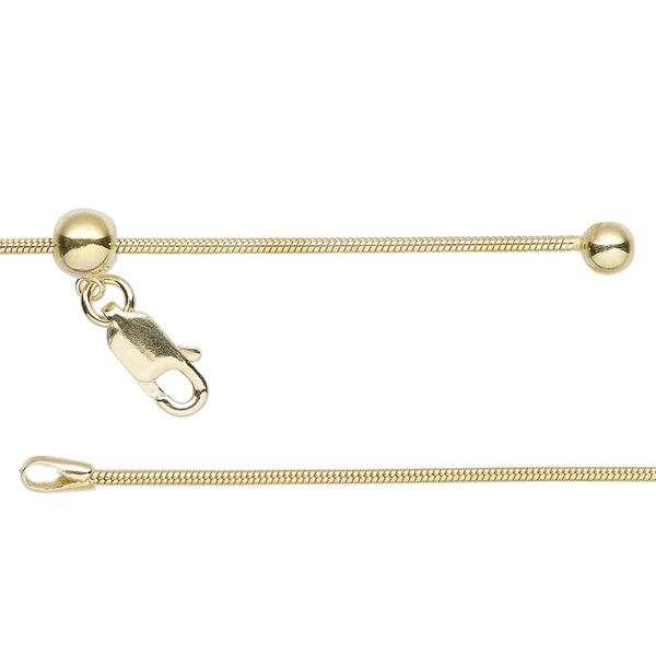 Chain, Gossamer™,14Kt gold-plated sterling silver and silicone, 1.1mm snake with 4mm ball and 5mm adjustable slider bead, adjustable from 16 to 24 inches with lobster claw clasp. Sold individually. image number 0
