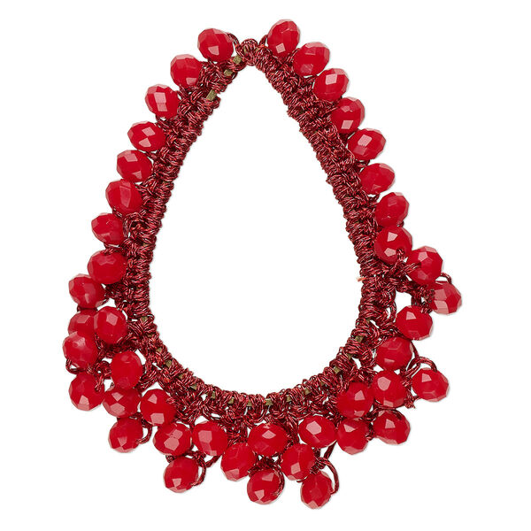 Focal, glass / nylon / steel, dark red, 52x43mm-55x44mm open teardrop with fringe.. Sold per pkg of 2. image number 0