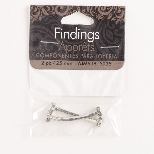 Bead, brass / stainless steel / glass, pkg/2, silver finish and clear, 27x5mm curved bar. image number 0