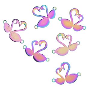 Link, electro-coated stainless steel, rainbow, 16x15.5mm double-sided swans. Sold per pkg of 6.