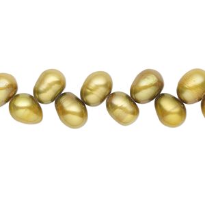 Pearl, cultured freshwater (dyed), golden olive, 7x6mm-8x7mm herringbone-drilled rice with 0.4-0.6mm hole, D grade, Mohs hardness 2-1/2 to 4. Sold per 14-inch strand.