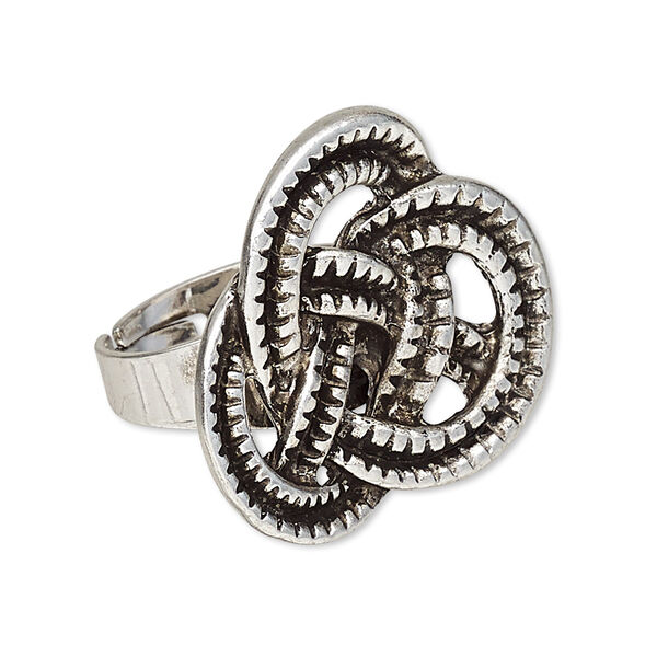 Ring, antique silver-plated "pewter" (zinc-based alloy), 30x29x29mm triangle knot, adjustable. Sold individually. image number 0