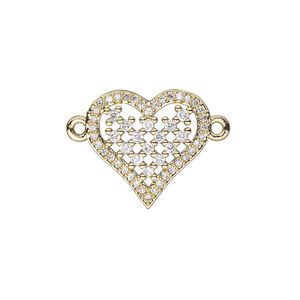 Link, cubic zirconia and gold-finished brass, clear, 15.5x15mm single-sided heart. Sold individually.