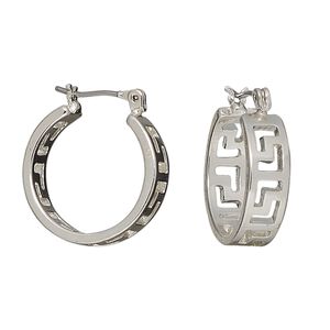 Earring, silver-plated steel and "pewter" (zinc-based alloy), 20mm round hoop with Greek key cutout design and latch-back closure. Sold per pair.