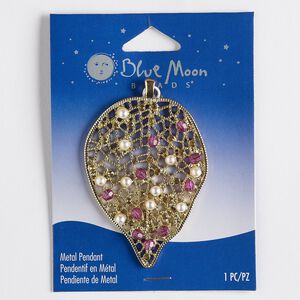 Pendant, acrylic / acrylic pearl / gold-finished "pewter" (zinc-based alloy), white / purple / topaz brown, 58x42mm leaf. Sold individually.