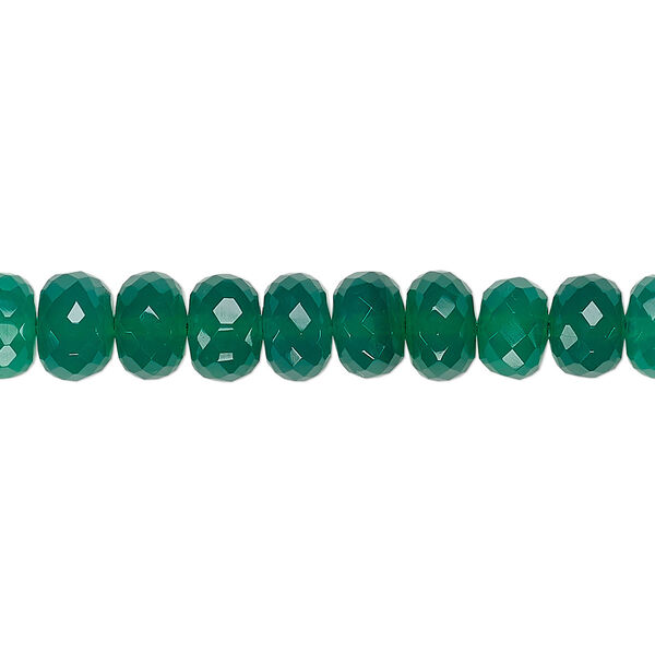 Bead, green onyx (dyed), 7x5mm-8x6mm hand-cut faceted rondelle, B grade, Mohs hardness 6-1/2 to 7. Sold per 8-inch strand. image number 0