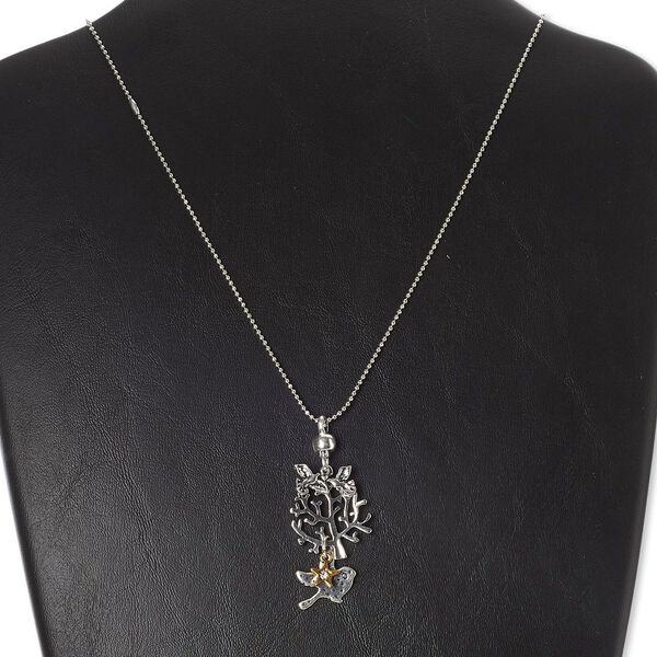 Necklace, antiqued silver-finished and antiqued gold-finished "pewter" (zinc-based alloy), 2-1/2 inch dangle with 29x25mm tree, 31 inches with ball chain connector. Sold individually. image number 0