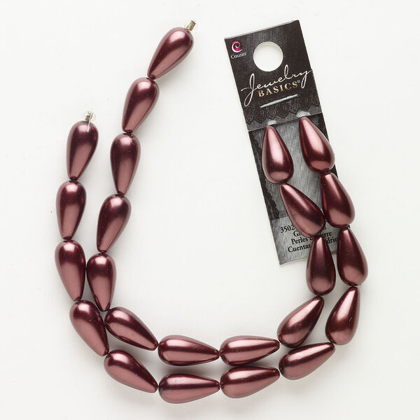 Bead, glass pearl, pkg/18 inches, 19x10mm teardrop, burgundy. image number 0
