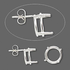 Earstud 1pkg2 Sure-Set™ sterling silver, 12mm round pre-notched 4-prong basket-style setting / earnuts, 1 pair