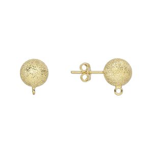 Earstud 1pkg2 sterling silver, 8mm stardust ball / closed loop / earnuts, gold-finished 1 pair
