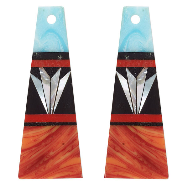 Focal, mother-of-pearl shell and resin, multicolored, 38x14mm single-sided flat trapezoid. Sold per pkg of 2. image number 0