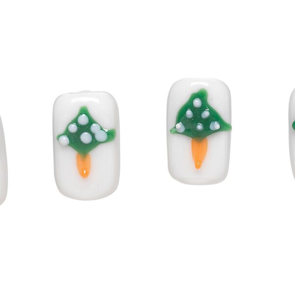 Bead, lampworked glass, white and green, 16x10mm double-sided rectangle with Christmas tree. Sold per pkg of 4. image number 0