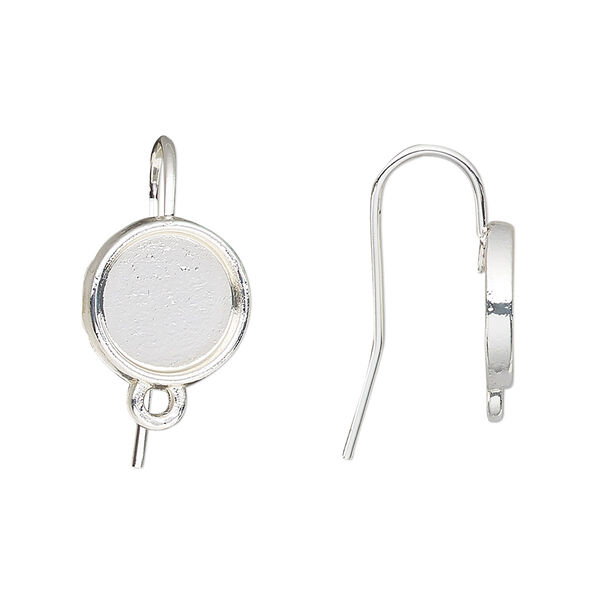 Ear wire, silver-finished brass, 19mm fishhook with 10mm round glue-in setting and closed loop, 18 gauge. Sold per pkg of 5 pairs. image number 0