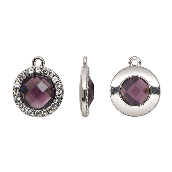 Drop, glass / glass rhinestone / imitation rhodium-finished "pewter" (zinc-based alloy), clear and transparent amethyst purple, 17mm single-sided round. Sold per pkg of 2. image number 0