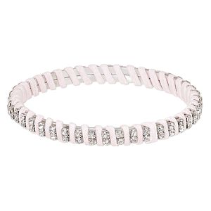 Bracelet, bangle, glass rhinestone / leatherette / silver-plated steel, pink and clear, 7mm wide with cupchain, 8 inches. Sold individually.