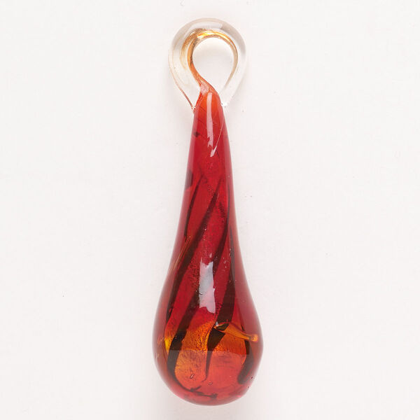 Focal, lampworked glass, pkg/1, translucent clear, red and purple, 49x17mm-53x20mm teardrop with swirl design. image number 0