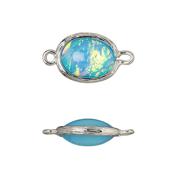 Link, Opalized Ice™, "opal" (resin) and imitation rhodium-finished brass, opaque light blue, 16x12mm double-sided oval. Sold per pkg of 4. image number 0
