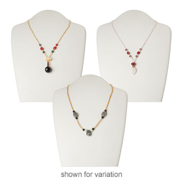 Multi-gemstone / glass / "pewter" (zinc-based alloy) 1pkg3, silver finish / antique gold finish mixed shape necklace 17 inch / lobster claw clasp mix 20mm-40x30mm image number 3