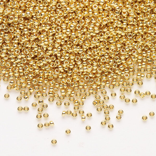 Seed bead, Miyuki, glass, pkg/35g, #15 rocaille, opaque 24Kt gold-plated, (RR-191). image number 0