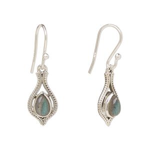 Earring, Create Compliments®, antiqued sterling silver and labradorite (natural), fishhook, 29.5mm with 15x9mm single-sided open beaded teardrop, 21 gauge. Sold per pair.
