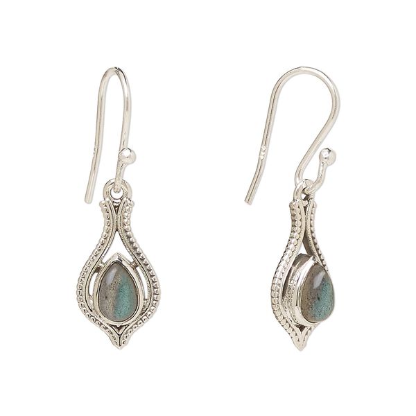 Earring, Create Compliments®, antiqued sterling silver and labradorite (natural), fishhook, 29.5mm with 15x9mm single-sided open beaded teardrop, 21 gauge. Sold per pair. image number 0
