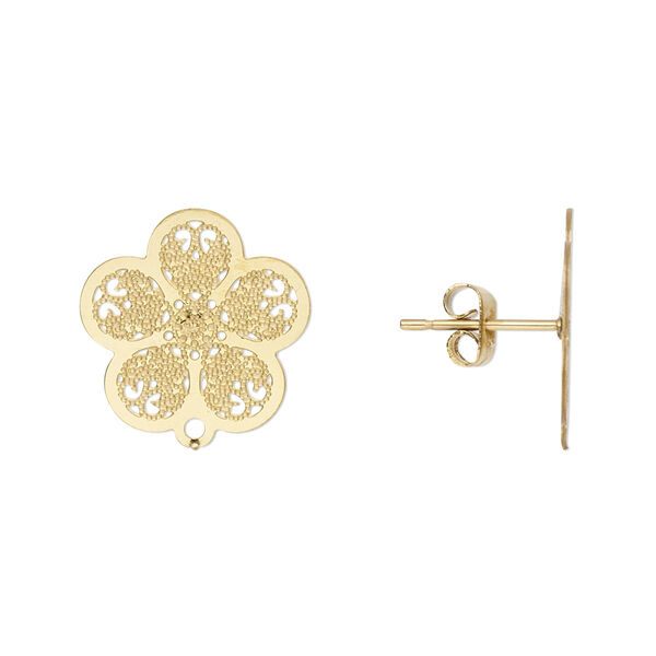 Earstud, Lazer Lace™, gold-finished stainless steel, 16x15.5mm textured flower with closed loop. Sold per pkg of 4 pairs. image number 0