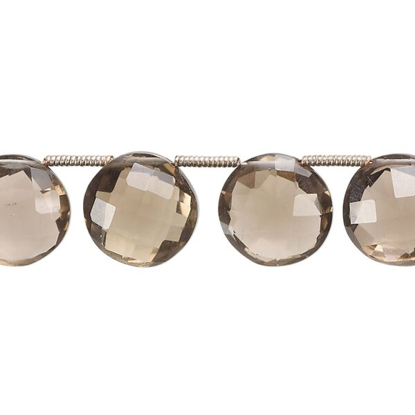 Smoky quartz 1pkg16, hand-cut top-drilled faceted puffed flat round bead 11-13mm image number 0